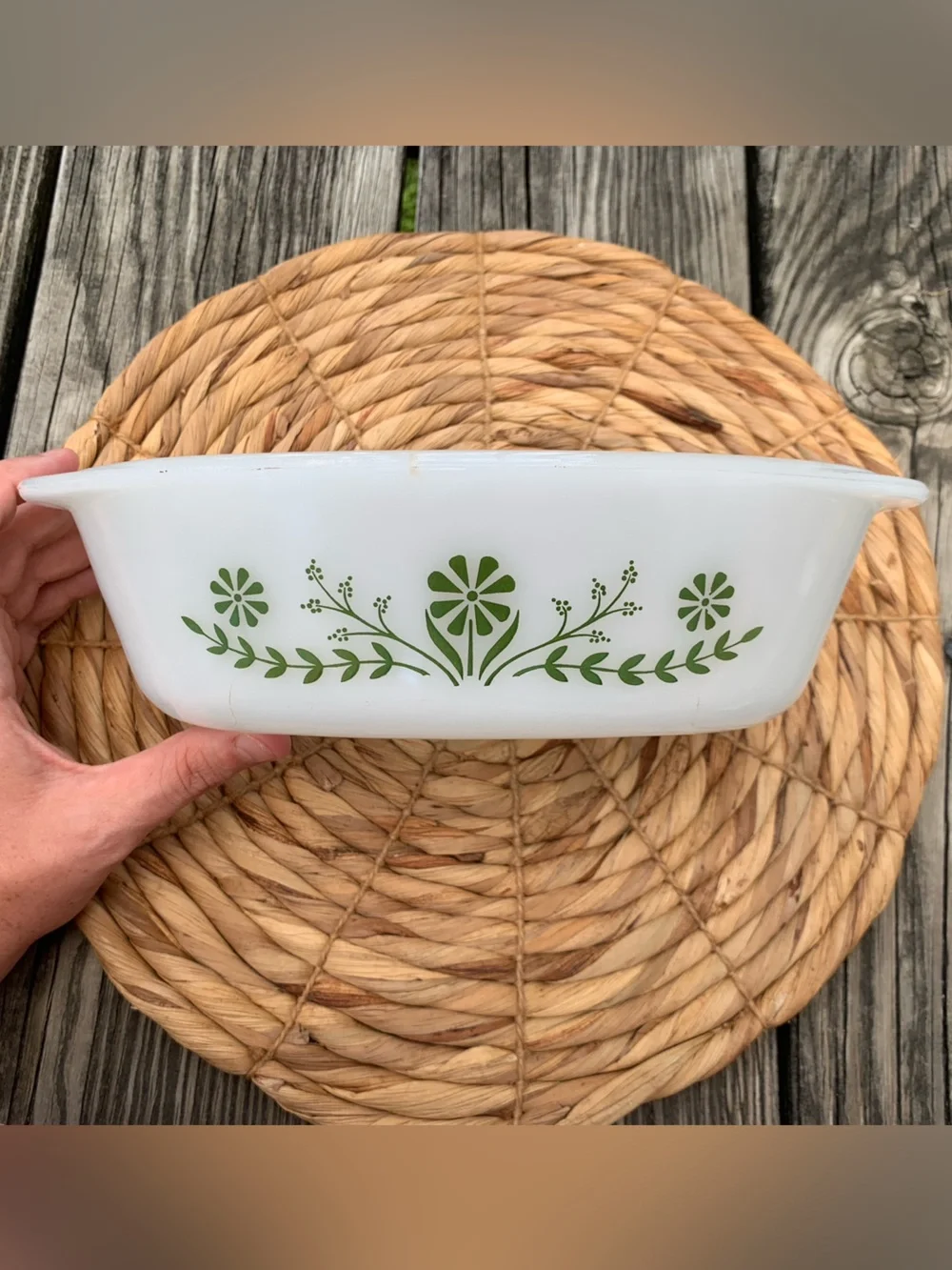 Vintage Glasbake Pyrex White Milk Glass Baking Dish with Green Floral Pattern